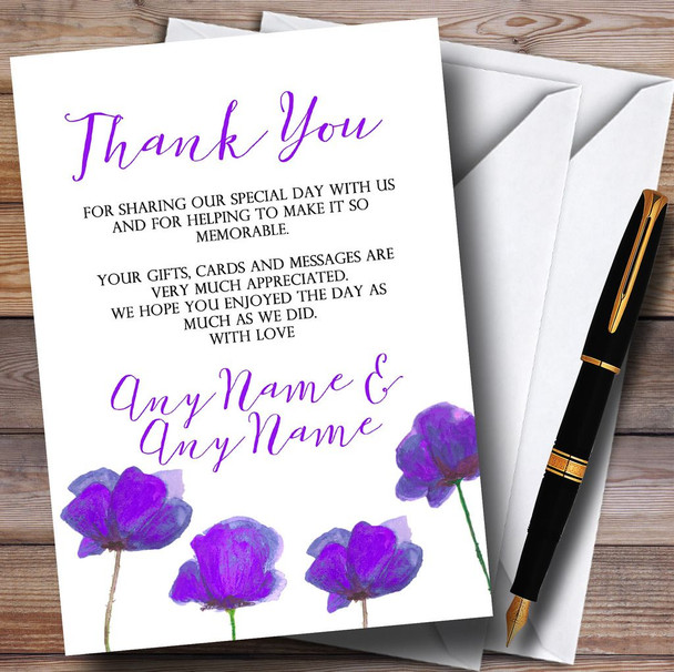 Stunning Watercolour Poppies Purple Personalised Wedding Thank You Cards
