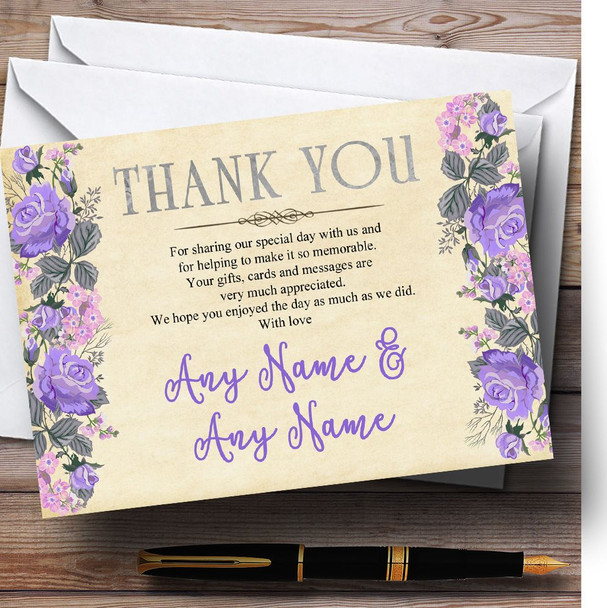 Vintage Purple & Pink Watercolour Personalised Wedding Thank You Cards
