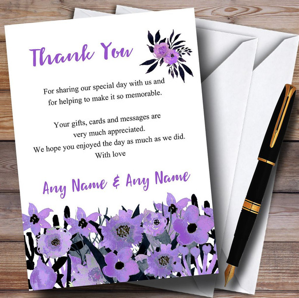 Black & Purple Watercolour Flowers Personalised Wedding Thank You Cards