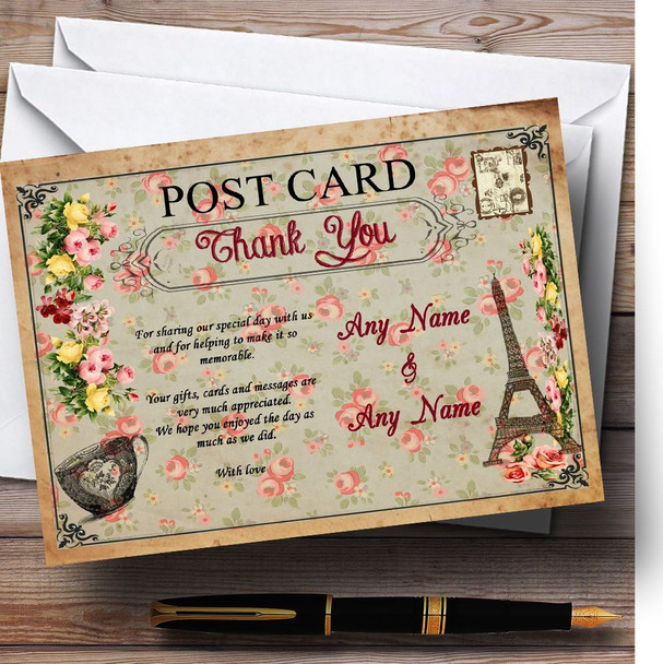 Vintage Paris Shabby Chic Postcard Floral Personalised Wedding Thank You Cards