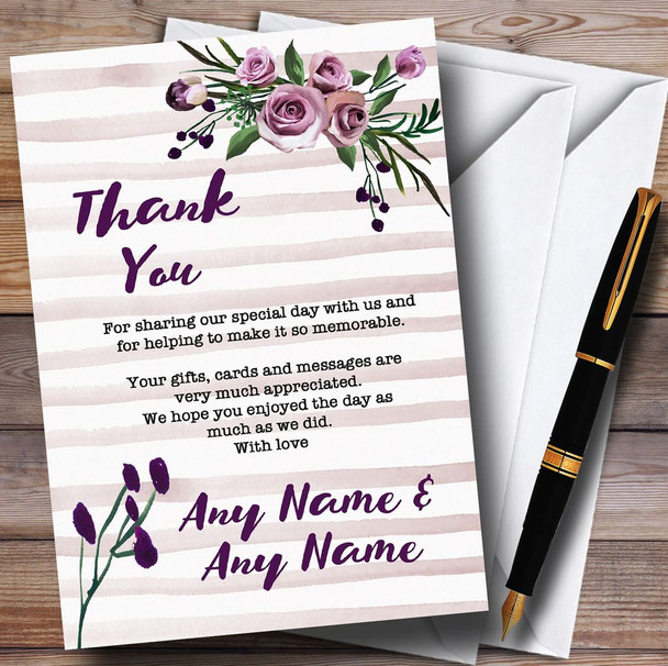 Watercolour Stripes Purple Personalised Wedding Thank You Cards