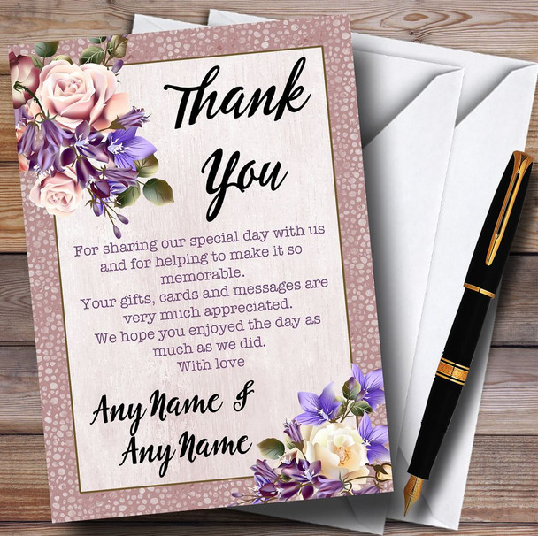 Pale Coral Pink & Lilac Watercolour Rose Personalised Wedding Thank You Cards