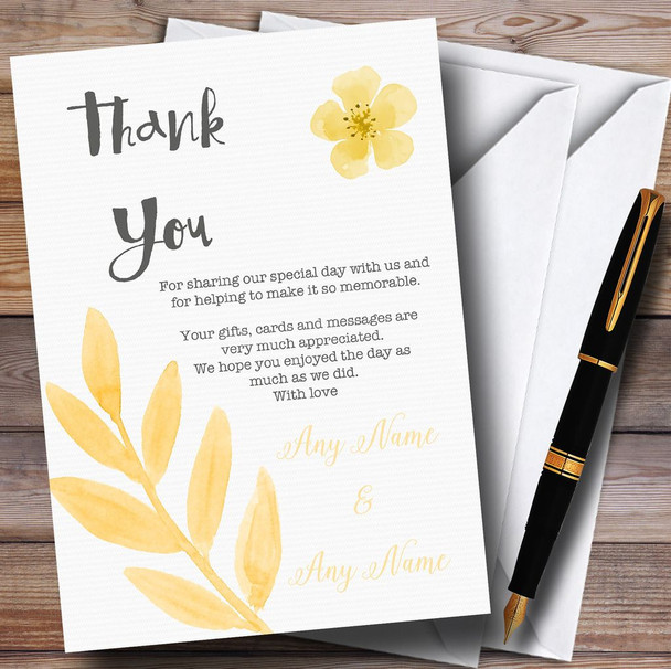 Watercolour Subtle Golden Yellow Personalised Wedding Thank You Cards