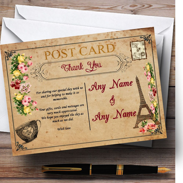 Vintage Paris Shabby Chic Postcard Personalised Wedding Thank You Cards