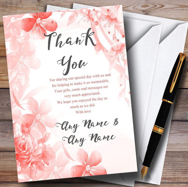 Coral Watercolour Floral Personalised Wedding Thank You Cards