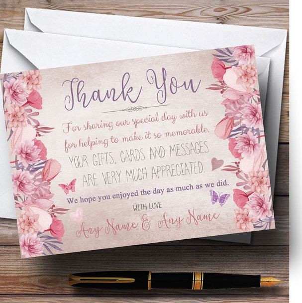 Blush Dusty Pink & Lilac Vintage Watercolour Floral Personalised Thank You Cards