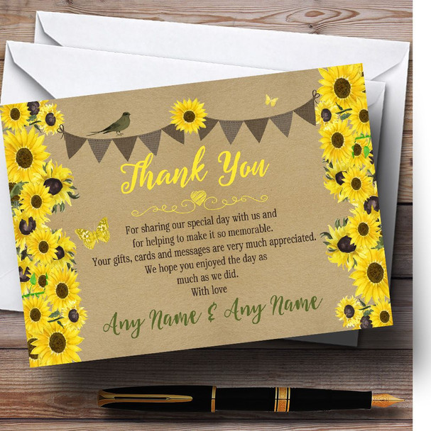 Rustic Sunflowers Vintage Personalised Wedding Thank You Cards