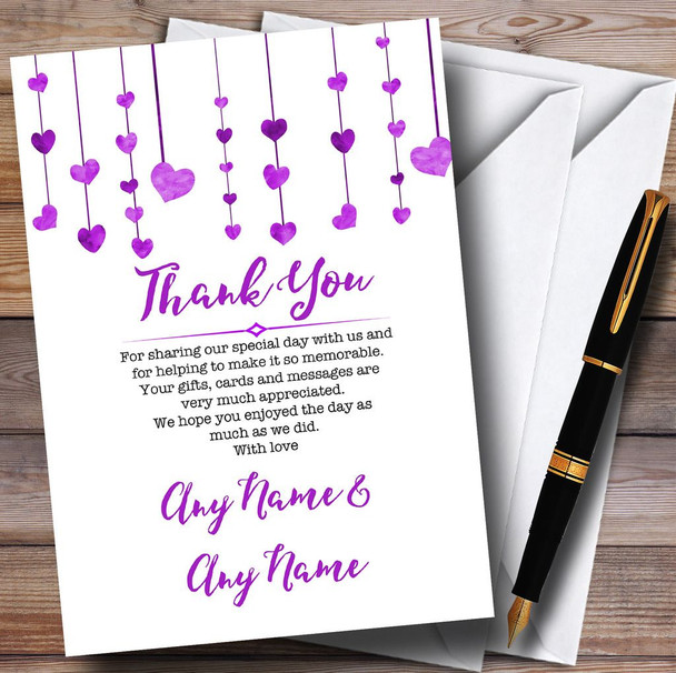 Purple Watercolour Heart Drop Personalised Wedding Thank You Cards