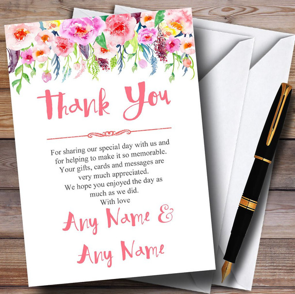 Coral Pink Watercolour Floral Personalised Wedding Thank You Cards