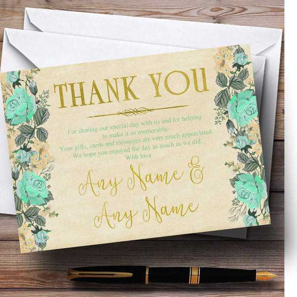 Vintage Mint Green & Gold Watercolour Personalised Wedding Thank You Cards