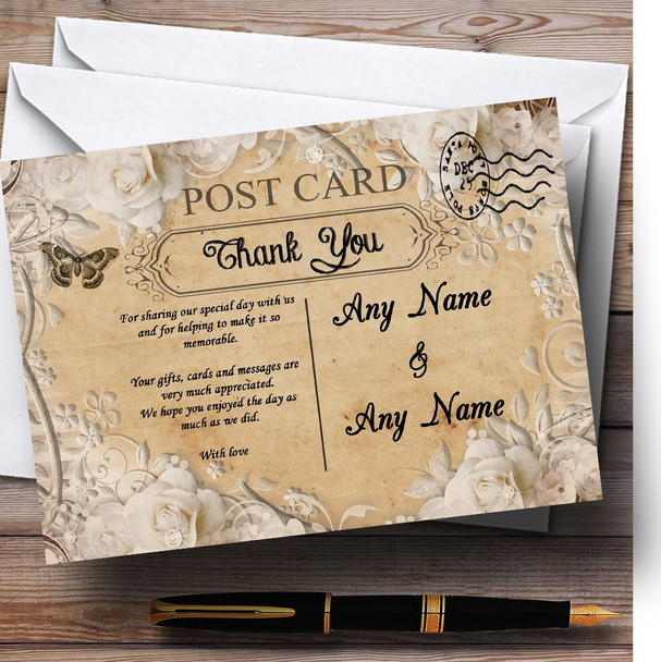 White Rose Vintage Shabby Chic Postcard Personalised Wedding Thank You Cards