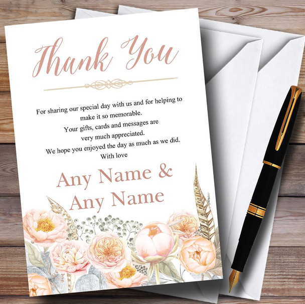 Coral Pink Peach Peonies Personalised Wedding Thank You Cards