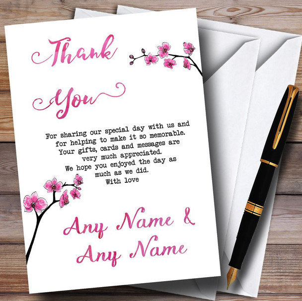 Pink Cherry Blossom Watercolour Personalised Wedding Thank You Cards