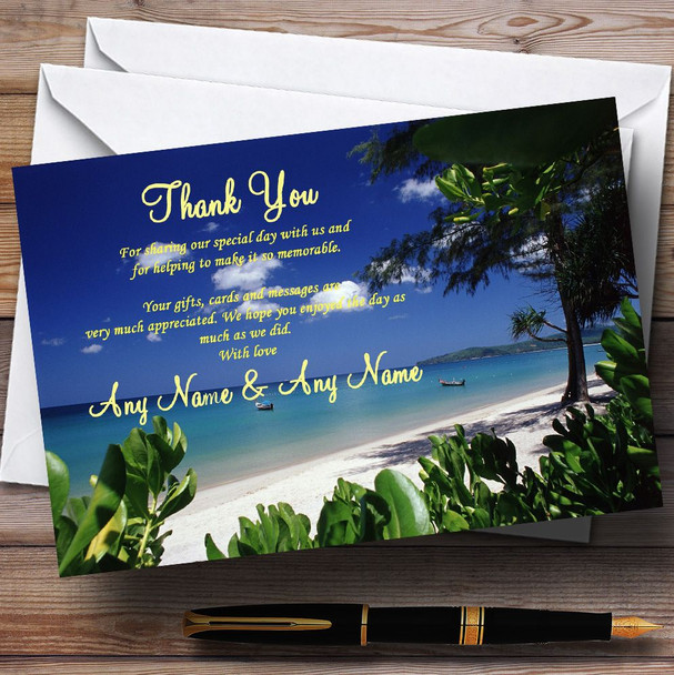 Thailand Beach Palm Tree Personalised Wedding Thank You Cards