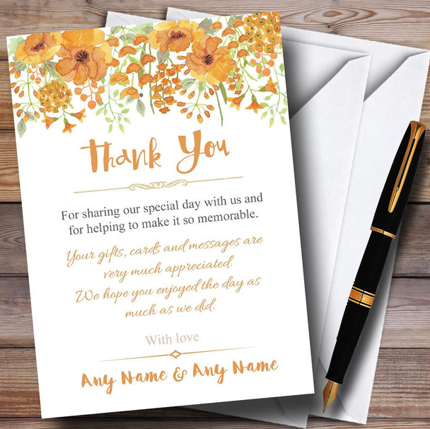 Watercolour Floral Orange Personalised Wedding Thank You Cards