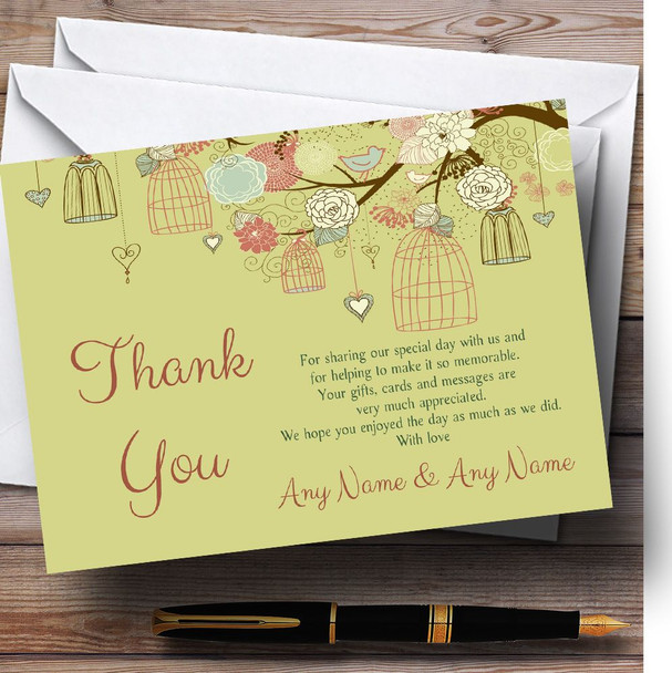 Vintage Shabby Chic Birdcage Gold Green Personalised Wedding Thank You Cards