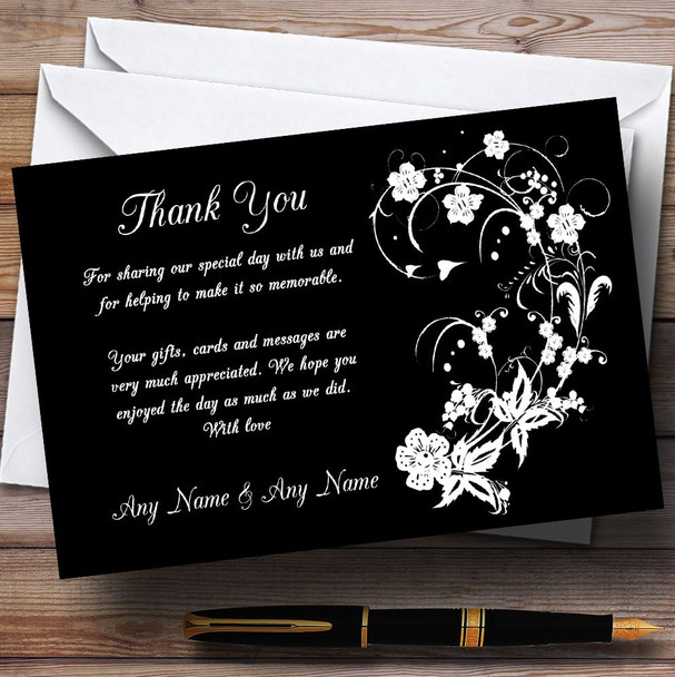 Black White Floral Personalised Wedding Thank You Cards