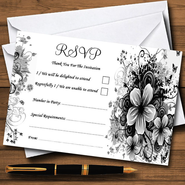 Black White Flowers Butterfly Personalised RSVP Cards