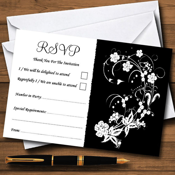 Black White Floral Personalised RSVP Cards