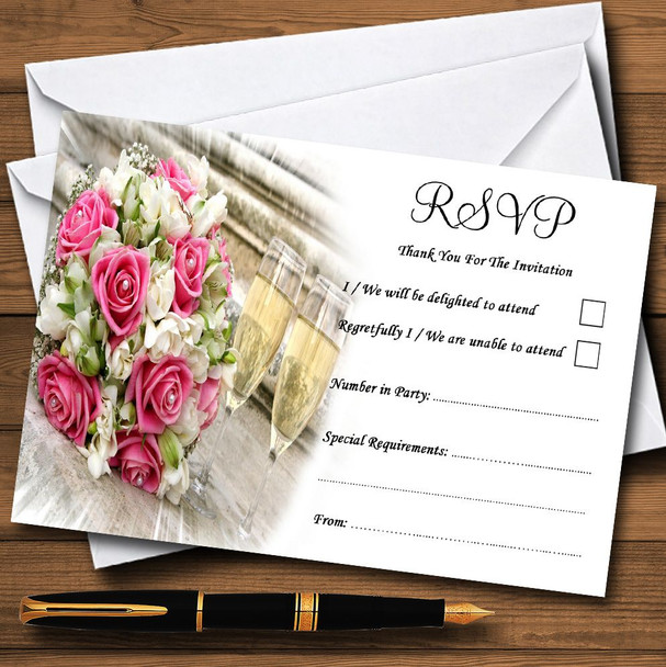 Pink Roses Pearls Champagne Personalised RSVP Cards