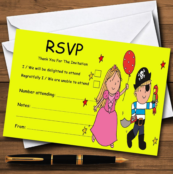 Yellow Pirate And Princess Personalised RSVP Cards