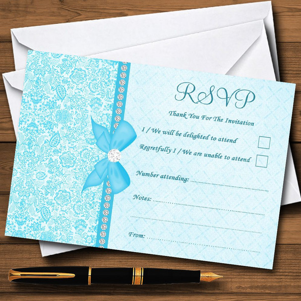 Pretty Floral Vintage Bow & Diamante Aqua Sky Blue Personalised RSVP Cards