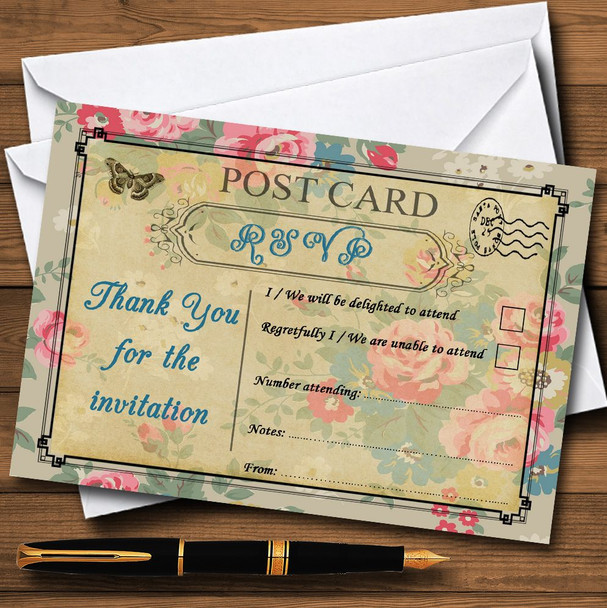 Blue Floral Vintage Paris Shabby Chic Postcard Personalised RSVP Cards