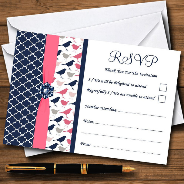Navy Blue & Coral Pink Shabby Chic Birds Personalised RSVP Cards