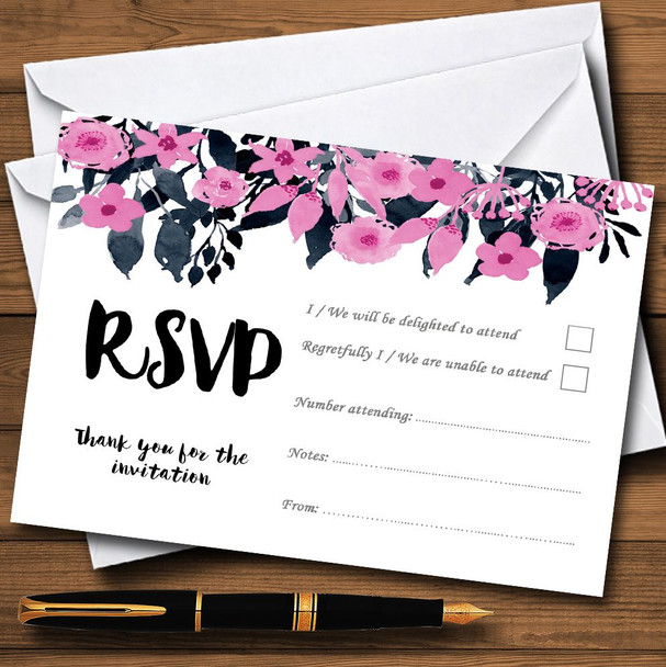 Watercolour Black & Dusty Pink Floral Header Personalised RSVP Cards