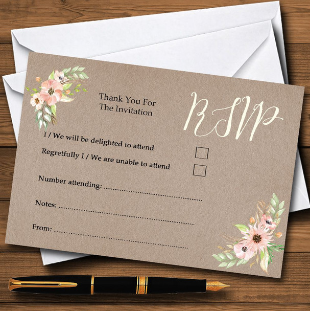 Rustic Vintage Watercolour Peach Floral Personalised RSVP Cards