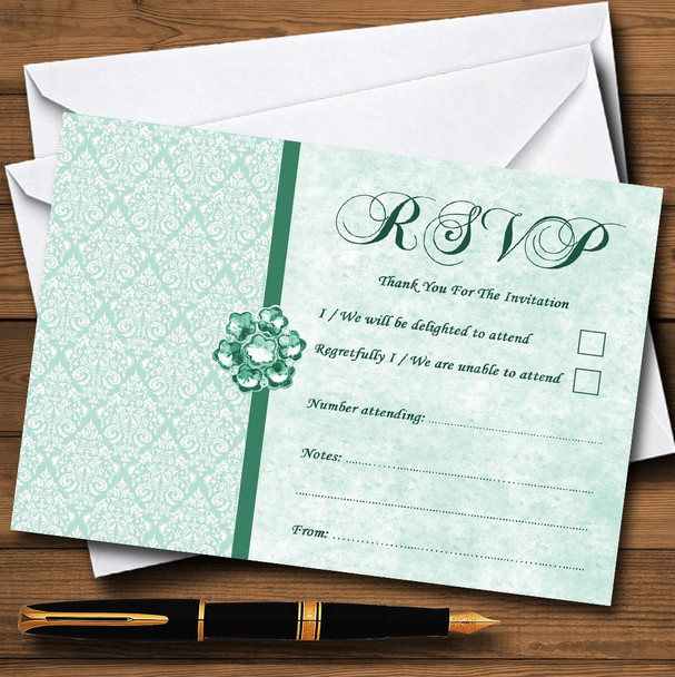 Pale Mint Green Vintage Damask Jewel Personalised RSVP Cards
