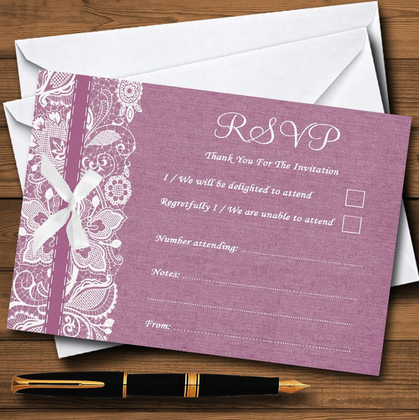 Vintage Plum Purple Burlap & Lace Personalised RSVP Cards