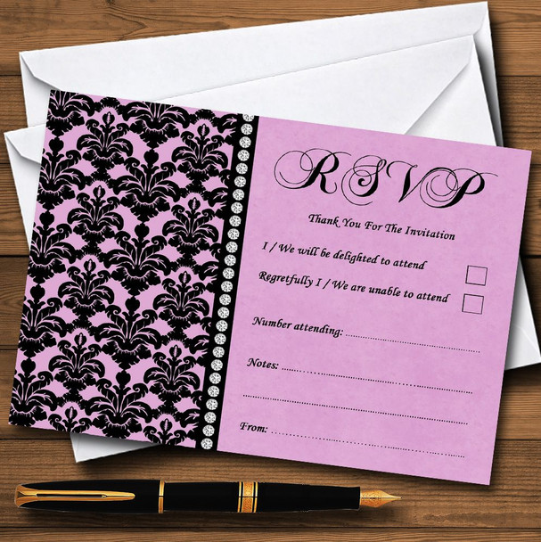 Dusky Rose Pink Black Damask & Diamond Personalised RSVP Cards