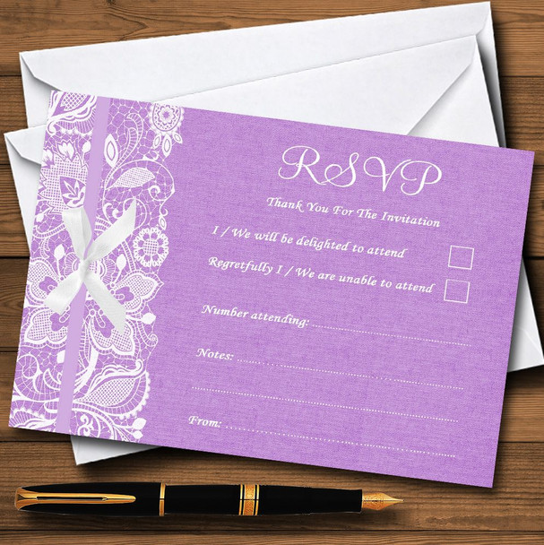 Vintage Lilac Purple Burlap & Lace Personalised RSVP Cards