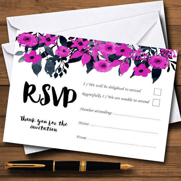 Watercolour Black & Hot Pink Floral Header Personalised RSVP Cards