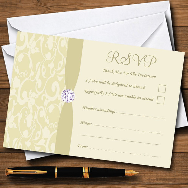 Cream Pale Gold Beige Vintage Floral Damask Diamante Personalised RSVP Cards