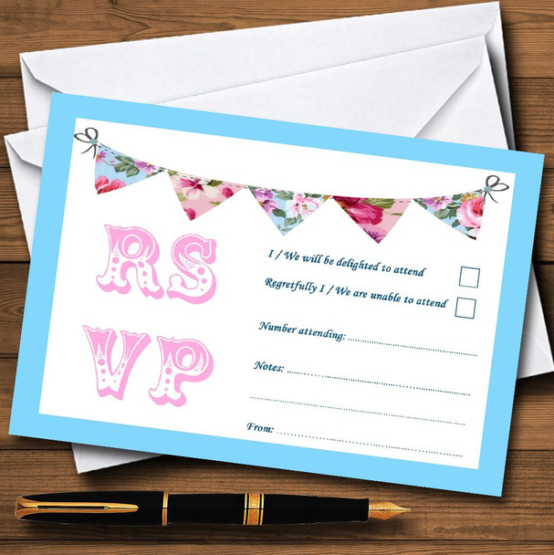 Blue Pink Vintage Bunting Shabby Chic Tea Garden Personalised RSVP Cards