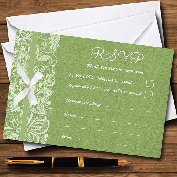 Vintage Sage Green Burlap & Lace Personalised RSVP Cards