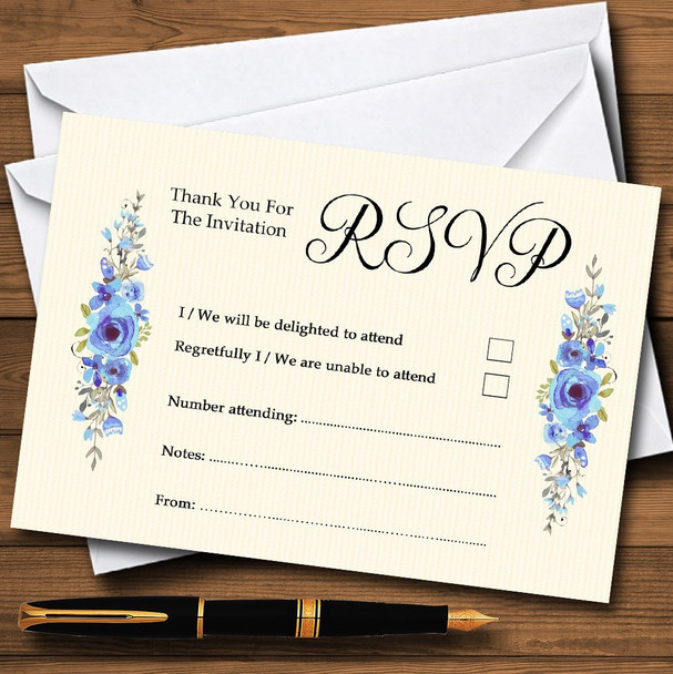 Watercolour Blue Floral Rustic Personalised RSVP Cards