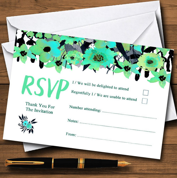 Black & Aqua Mint Green Watercolour Flowers copy Personalised RSVP Cards