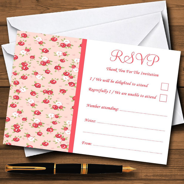 Red And Coral Pink Floral Shabby Chic Chintz Personalised RSVP Cards