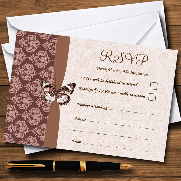 Brown Fawn Beige Vintage Floral Damask Butterfly Personalised RSVP Cards