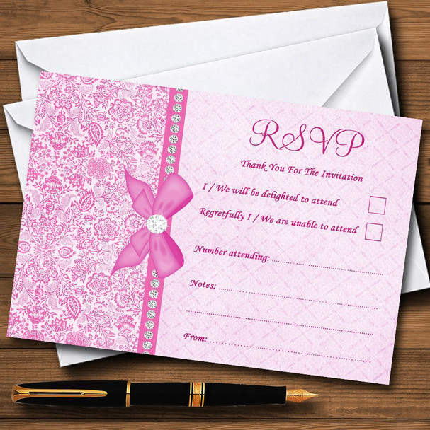 Pretty Floral Vintage Bow & Diamante Pink Personalised RSVP Cards