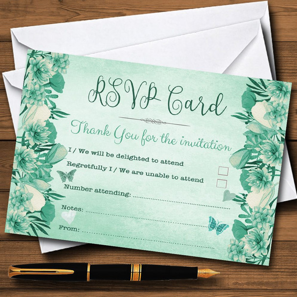 Pale Teal Mint Green Vintage Watercolour Floral Personalised RSVP Cards