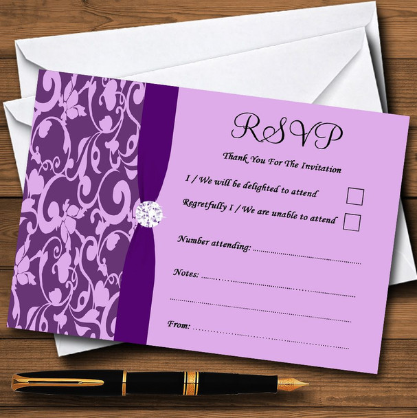 Cadbury Purple Vintage Floral Damask Diamante Personalised RSVP Cards