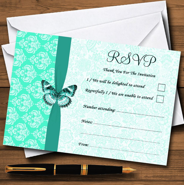 Mint Green Vintage Floral Damask Butterfly Personalised RSVP Cards