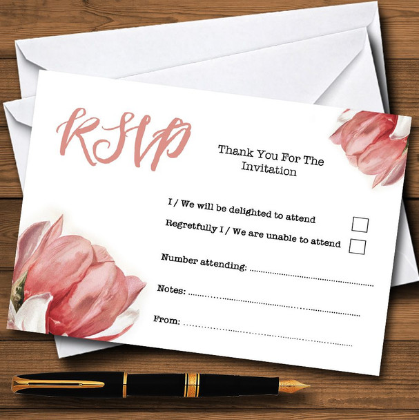 Watercolour Coral Magnolias Personalised RSVP Cards