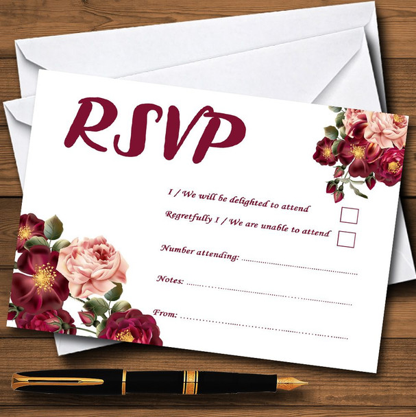 White Blush Coral Pink & Deep Red Watercolour Rose Personalised RSVP Cards