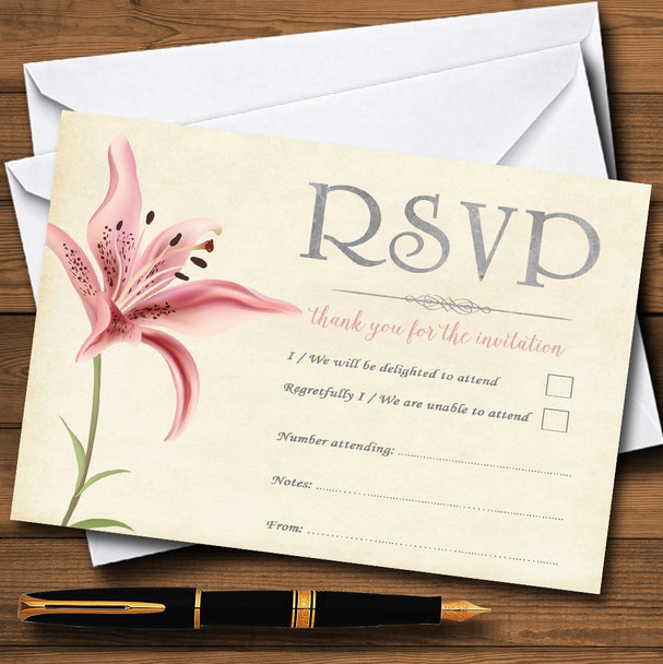 Coral Pink Lily Vintage Personalised RSVP Cards