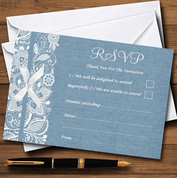 Vintage Dusky Blue Burlap & Lace Personalised RSVP Cards